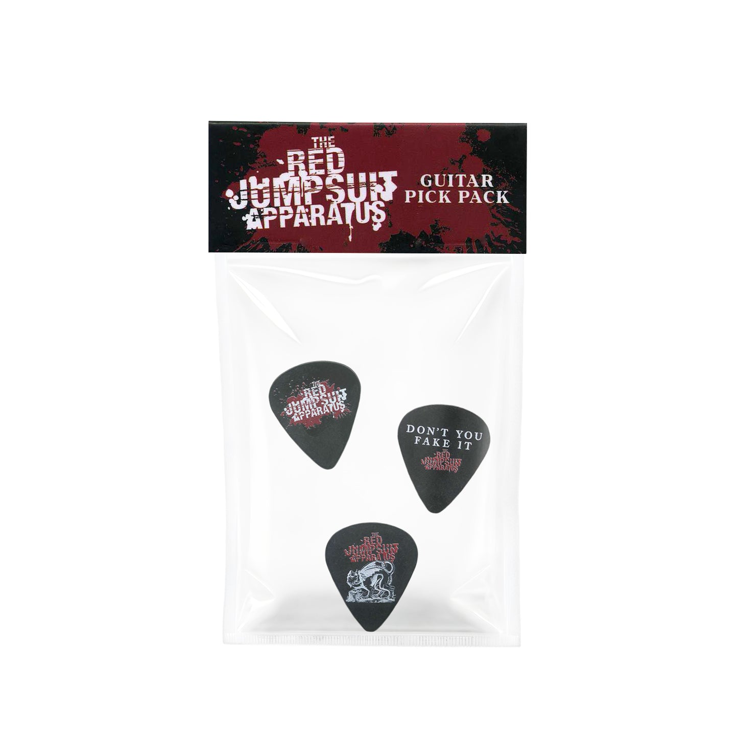 A set of three guitar picks from The Red Jumpsuit Apparatus, each with a distinct band-themed design. The package is labeled as Guitar Pick Pack.