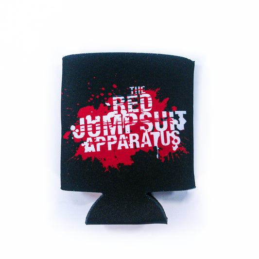 A black can cooler featuring a red paint splatter and white “The Red Jumpsuit Apparatus” text on the front, shown against a white background.