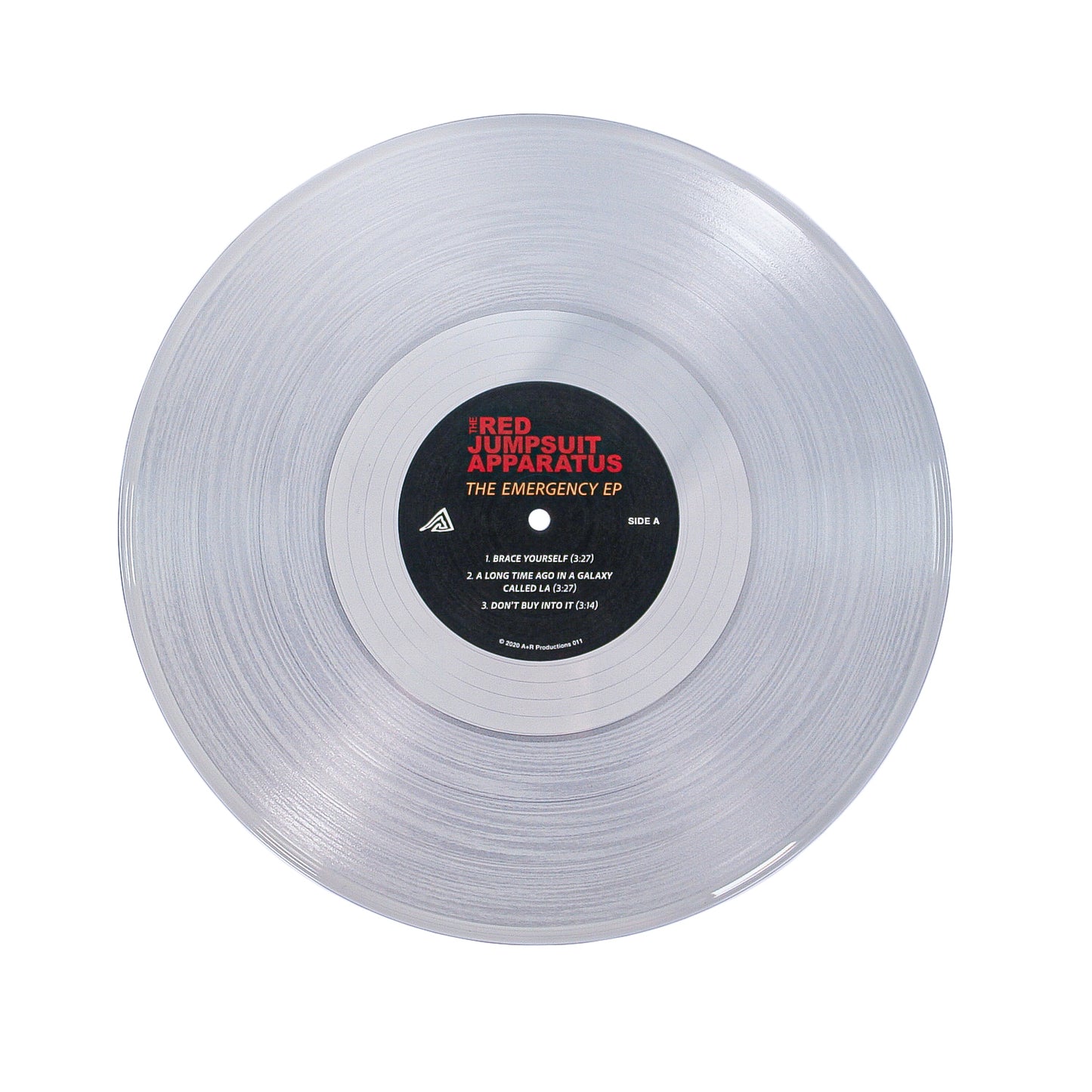 A clear vinyl record with a black center label displays “The Red Jumpsuit Apparatus - Emergency EP” along with track listings and details.