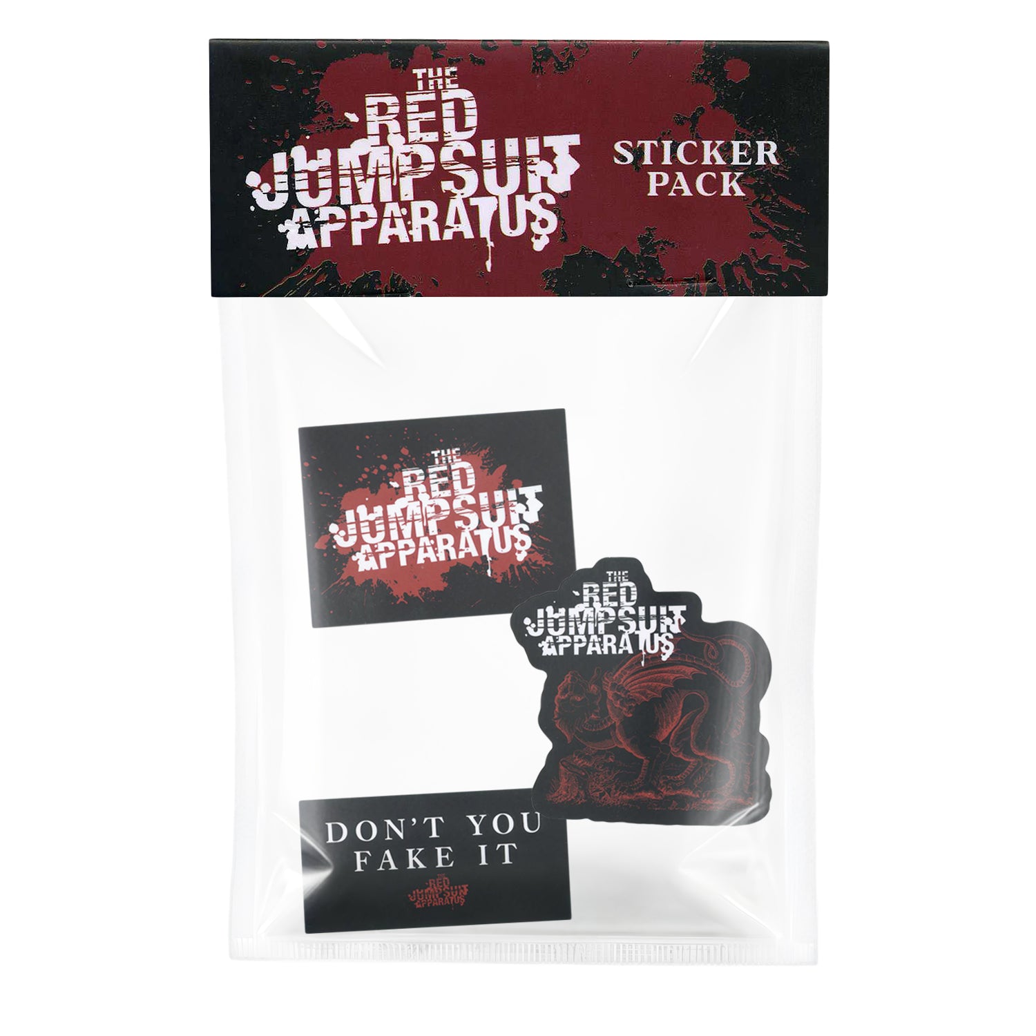 A sticker pack from The Red Jumpsuit Apparatus includes three band logo/artwork stickers and one “DON’T YOU FAKE IT.” sticker, all packaged in a clear plastic sleeve with branded header.