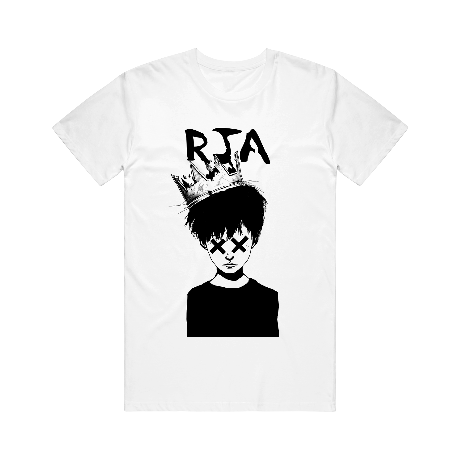 White Gildan Softstyle tee by The Red Jumpsuit Apparatus with a black crowned figure (Xs for eyes) and bold, uneven RJA letters above on a stark black background.