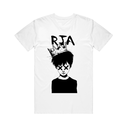 White Gildan Softstyle tee by The Red Jumpsuit Apparatus with a black crowned figure (Xs for eyes) and bold, uneven RJA letters above on a stark black background.