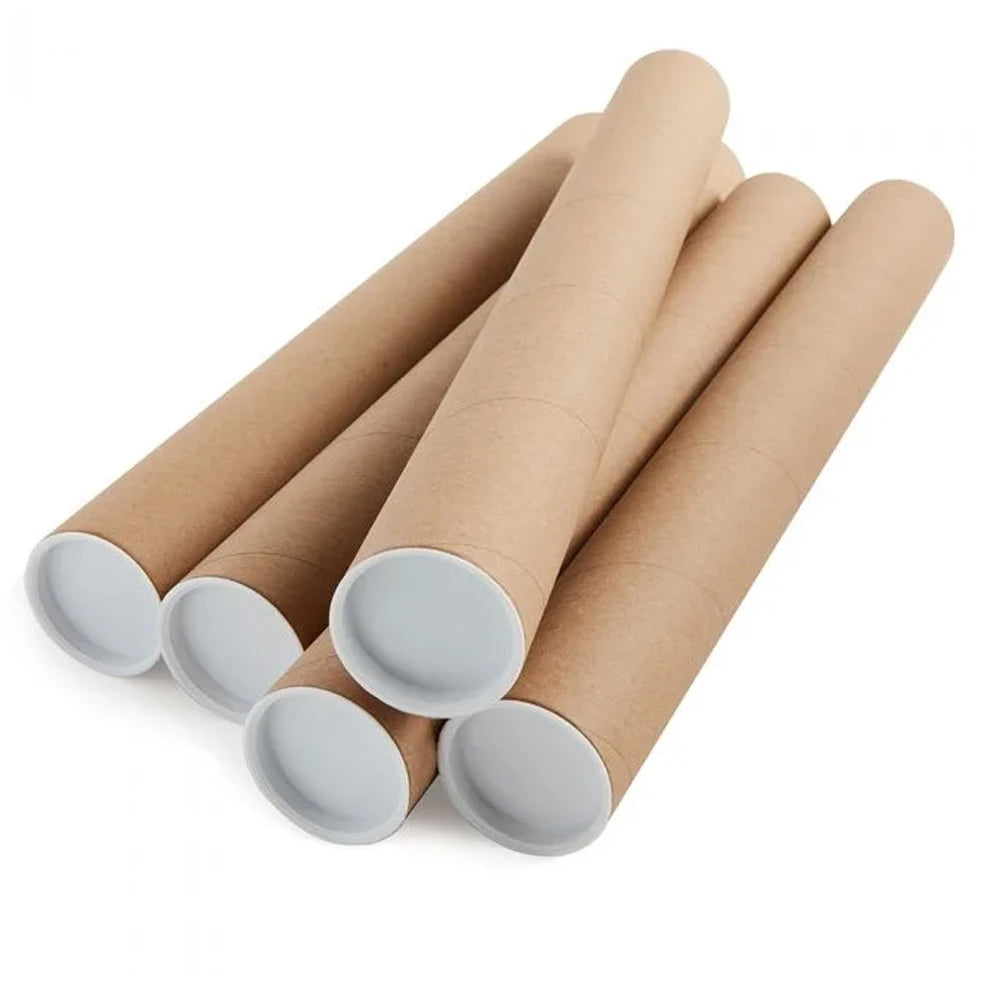 Five brown MerchNow poster tubes with white plastic end caps are fanned out on a white surface. Each tube is ideal for securely storing or mailing your valuable prints.