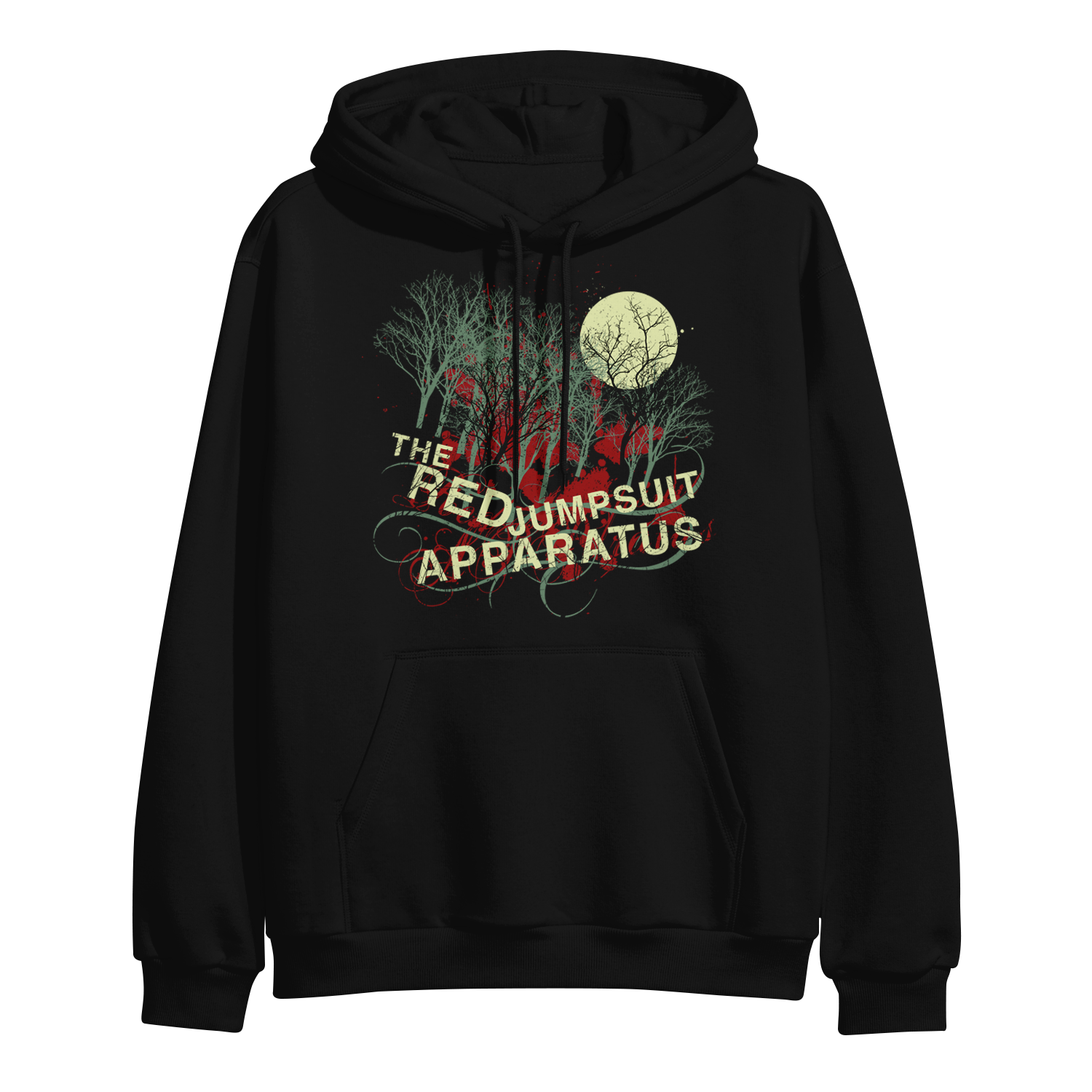 black pullover hoodie with center chest print of a forest with a moon and says the red jumpsuit apparatus